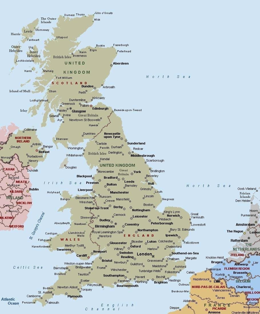 地图上的英国与城市